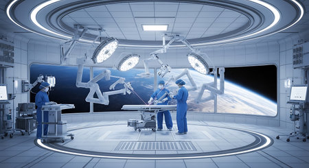 Surgeons operating in operating room with surgery equipment. 3D renderingの素材