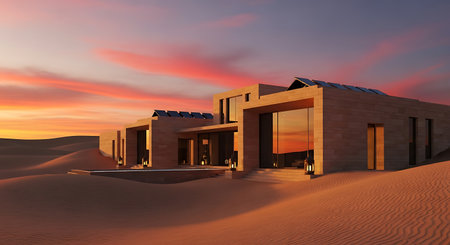 3d rendering of modern house in the desert with a beautiful skyの素材