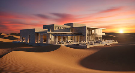 3D rendering of a modern house in the middle of the desertの素材