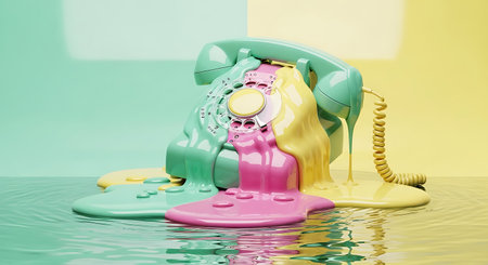 Colorful vintage telephone on the water. 3d render illustration.の素材