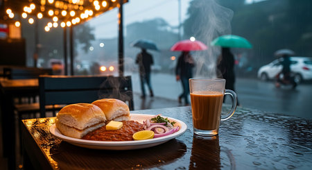 Hamburger and coffee on the table in the city at nightの素材