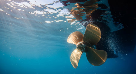 Underwater shot of a man swimming with a propeller in the oceanの素材