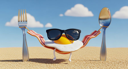 Funny fried egg in sunglasses on the beach. 3d renderingの素材