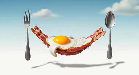 Breakfast with fried egg and bacon, 3d rendering. Computer digital drawing.の素材
