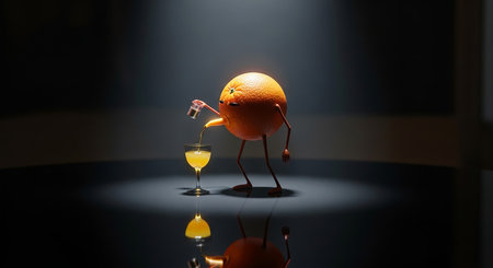 Orange character drinking orange juice on black background, 3d rendering.の素材