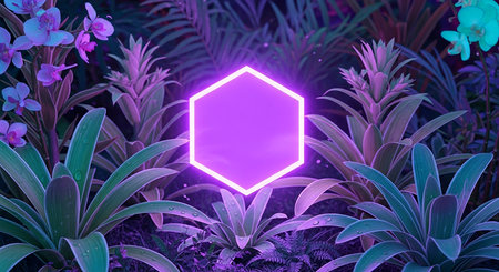 Neon hexagon in the jungle, 3d rendering. Computer digital drawing.の素材