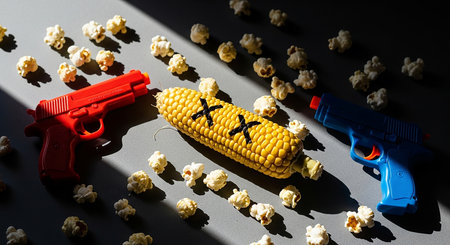 Composition with popcorn and a gun on a black background, top viewの素材