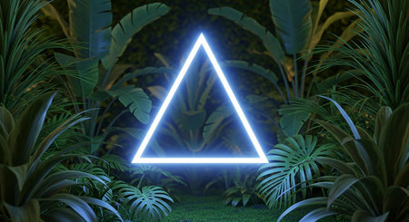 Glowing neon triangle in the jungle. 3D Rendering.の素材