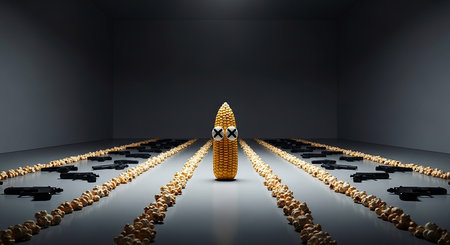 Conceptual image with golden corn on dark background. 3d renderingの素材