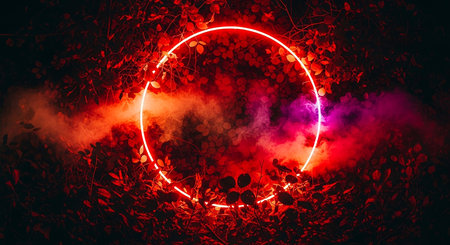 Red neon circle on the dark background with leaves. Vector illustration.の素材