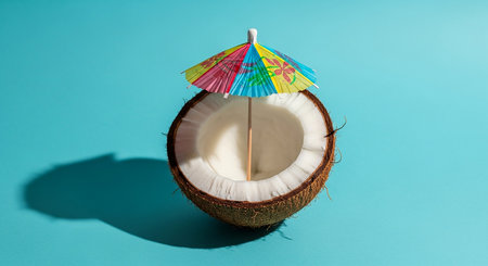 Coconut cocktail with umbrella on blue background. Minimal summer conceptの素材
