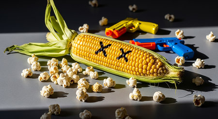 Plastic toy corn on a black background with popcorn and a gunの素材