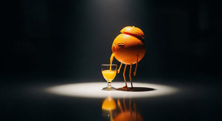 Funny orange with a glass of orange juice on a dark backgroundの素材