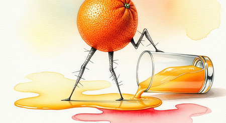Funny spider with a glass of orange juice on a watercolor backgroundの素材