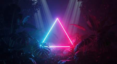 Neon triangle in dark tropical jungle. 3D Rendering.の素材