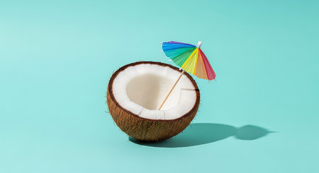Coconut cocktail with umbrella on blue background. Minimal summer concept.の素材