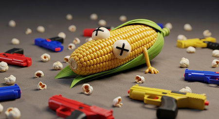 Halloween concept. Cute funny corn on the cob and toy gun.の素材
