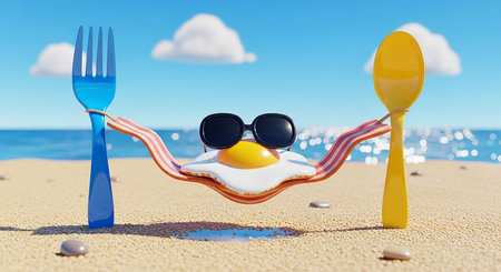 Funny fried egg with sunglasses on the beach. 3d renderingの素材