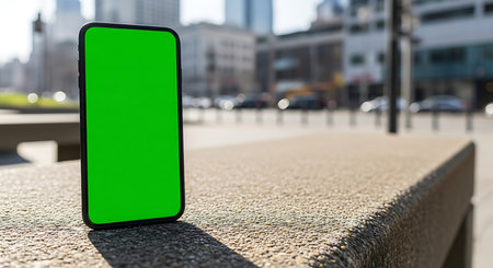 Mockup image of a smartphone with green screen on the streetの素材