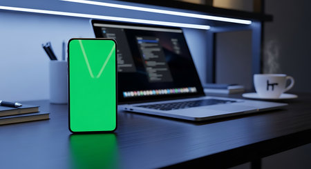 Laptop and smartphone with green screen on table. 3d rendering.の素材