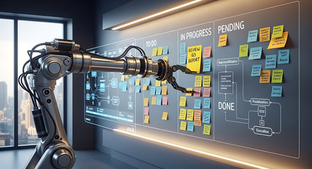 3d rendering robotic hand working with business plan on screen in officeの素材