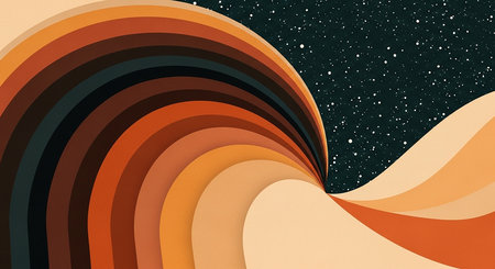 Abstract flowing waves of warm earth tones against a dark starry skyの素材