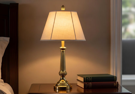 Antique brass desk lamp with pleated shade on a table with booksの素材