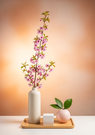 Delicate pink flowers in a vase with a small plant and a white cube on a trayの素材