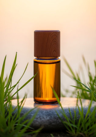 Amber glass essential oil bottle with wooden cap surrounded by green grass at sunsetの素材