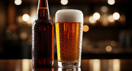 Cold beer bottle and tall glass of lager with frothy head on bar counterの素材