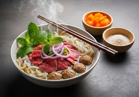 Delicious vietnamese pho bo with beef and fresh herbsの素材