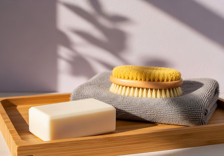 Natural skincare products on a wooden tray with soft shadowsの素材