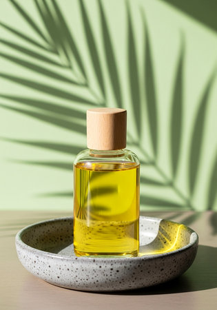 Clear glass bottle of golden liquid with wooden cap on a decorative dish with palm leaf shadowsの素材