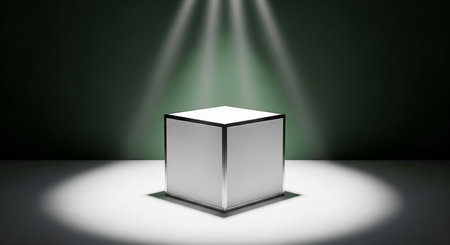 Illuminated pedestal under spotlight rays on a dark stageの素材