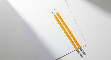 Pencils and notepad on a white background, top viewの素材