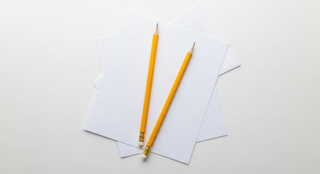 Pencil and envelope on a white background. View from above.の素材