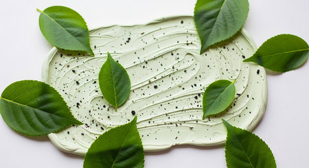 Green leaves with cosmetic clay on a white background. Spa and wellness concept.の素材