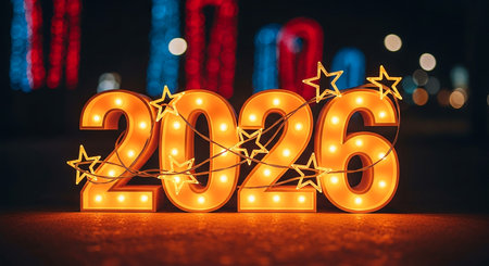 Bright illuminated numbers 2026 decorated with festive fairy lights and starsの素材
