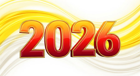Bright 3d numbers 2026 with a vibrant yellow and orange swirl backgroundの素材