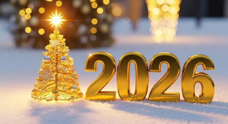 Golden 2026 numbers and illuminated christmas tree on snowy groundの素材