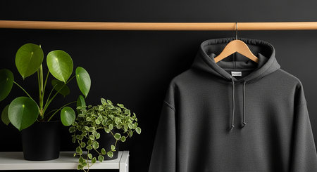 Black blank sweatshirt mockup hanging on wooden hanger in dark room, 3d renderの素材