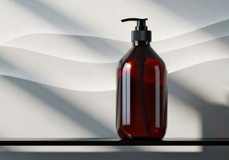 Bottle of liquid soap on shelf against white wall. 3d renderの素材