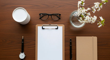 Flat lay office desk table with blank clipboard, pen, glasses, coffee cup and cherry blossom.の素材