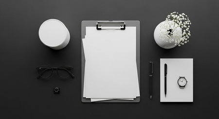 Mockup of business card, pen, glasses, notebook and coffee cup on black background. 3D rendering.の素材