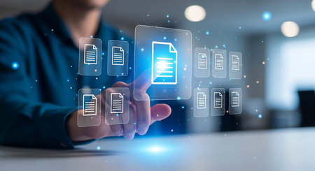 Businessman on blurred background using digital interface with multimedia icons 3D renderingの素材