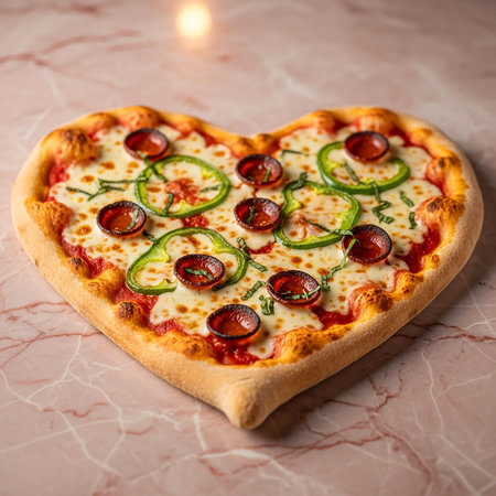 Heart shaped pizza with salami, olives and green onion on pink marble backgroundの素材