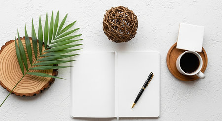 Flat lay, top view office desk workspace with blank notebook, coffee cup, plant and decoration on white background.の素材