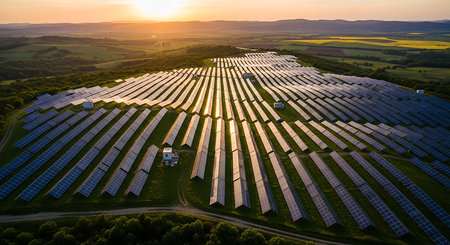 Aerial view of solar power plant with many rows of solar panels.の素材