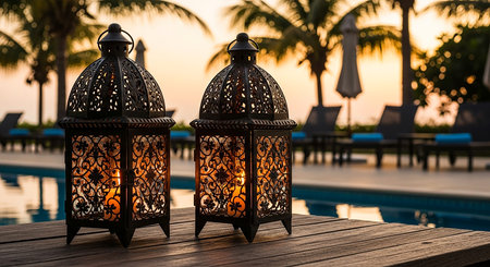Lanterns on the deck of a swimming pool at sunsetの素材