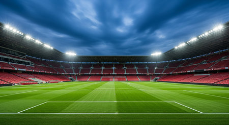 Vast soccer stadium with bright lights and dramatic skyの素材